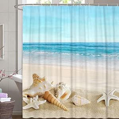 M&W DAS DESIGN Dušas aizkars Jūras piekraste Pastels Pludmale Okeāna gliemežvāki Starfish Tekstila Debesu aizkars Miltrasa Resistant Beach Resort Blue Tirquoise Wave Relax Ieskaitot 12 C veida gredzenus Svars apakšā 180 x 200 (W x