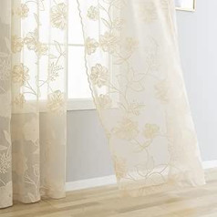 Treatmentex Lace Curtain Jacquard Curtains with Eyelets Beige 3D Floral Pattern Semi-Transparent Curtains Vintage Romantic Decorative Curtain Eyelet Curtains for Girls' Room Living Room, 2 Pieces, 140