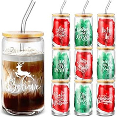 Layhit 11 Stück Weihnachtsglasbecher Winterurlaub Kaffeetassen mit Zitaten 473 ml saisonale Frohe Weihnachten Tassen ar Deckel und Strohhalmen Lustige Neuheit Kaffeetassen Urlaub Glas Tasse für