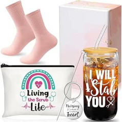 Hsei 6 Stück Krankenschwester-Geschenke für Frauen 473 ml Dosenförmige Biertrinkgläser mit Deckel und Strohhalm, Schlüsselanhänger, Regenbogen-Make-up-Tasche, Socken, Karte und Geschenk-Box,