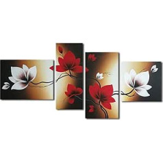 Wandbild mit floralem Design, 4-teilig, von Wieco Art – rote Blumen in voller Blüte, Leinwand auf Rahmen gespannt, 100% handgemalt, modernes Motiv, ölbild, Gemälde auf Leinwand, als Dekoration für zu Hause, fertig zum Aufhängen, canvas, multi, 16