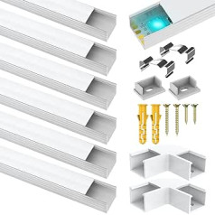 6 komplektu LED alumīnija profils Philips Hue LED sloksnes gaismai, 1 m U formas LED alumīnija kanāls, LED difuzors ar pienbaltu vāku, gala vāciņi un metāla stiprinājuma skavas (6 m)