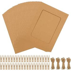 APACALI 60 Stück Karton-Bilderrahmen, 10,2 x 15,2 cm, Papier-Bilderrahmen mit 60 Holzklammern und 6 Hanfseilen, brauner Papier-Bilderrahmen für Zuhause, Wohnheim, Büro, Wanddekoration