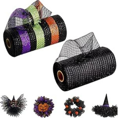 2 Rolls Deco Poly Mesh Ribbon 25 cm x 9 m Thanksgiving Autumn Decorations Metallic Foil Black/Purple/Orange Set for Easter Wedding Birthday Wreaths Swags Gift Wrapping and Party Decoration