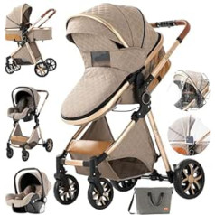 3-in-1 Combination Pram, 3-in-1 Newborn Pushchair, Travel Systems, Infant High Landscape Reclining Buggy, Pram, Foldable Standard Pram (225 Khaki)