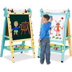 Kids Art Easel with Paper Roll Storage Tray, Double Sided Height Adjustable Whiteboard & Chalkboard, Standing Easel with Numbers and Other Accessories, Art Set for Toddlers, Kids