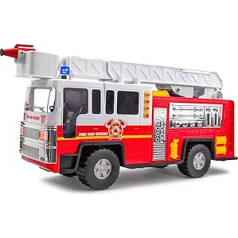 Playkidiz 15 Inch Fire Engine Toy for Kids - Classic Red and White Rolling Emergency Vehicle, Movable Ladder for Interactive Play - Early Learning Boys or Girls