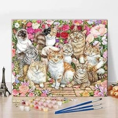 TISHIRON Cute Cat Paint By Numbers For Adults Kids Kitten Cat in the Flower Pictures Oil Painting Kits By Number On Rustic Canvas Wall Decor For Home Living Room Farmhouse 16 Inches x 20 Inches