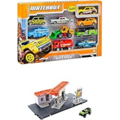 Matchbox X7111 dāvanu komplekts ar 9 dažādiem transportlīdzekļiem, iespējamām variācijām un degvielas uzpildes staciju spēļu komplekts ar 1 transportlīdzekli 1:64 mērogā un interaktīviem benzīna sūkņiem, var kombinēt ar citiem komplekti