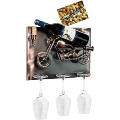 BRUBAKER motocikla vīna pudeļu turētājs - metāla sienas mākslas attēls - ar 3 stikla turētājiem - iekļauta apsveikuma kartīte vīna dāvanai