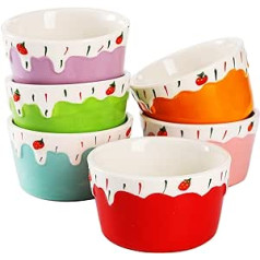 ZOOFOX komplekts ar 6 porcelāna futrāļiem 3,5 collu suflē krēmveida zemeņu deserta bļodas, cepeškrāsnī drošas cepšanas paplātes cupcake pudiņa krēma brulē saldējuma lavas cepšanai (dažādas krāsas, 6 unces)