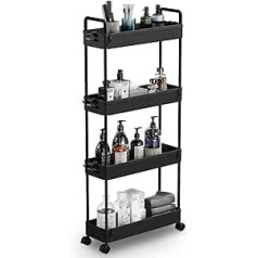 SOLEJAZZ 4-Tier Rolling Cart Narrow Rolling Cart Recess Shelf on Wheels for Kitchen, Bathroom, Laundry Room, Bedroom, Narrow Squares, Plastic, with Handles, 13 x 40 x 86.3 cm, Black