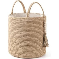 Mkono Woven Storage Basket, Decorative Natural Rope Basket, Wooden Beads Decoration for Blankets, Toys, Clothes, Shoes, Plant Organiser, Trash Can with Handles, Living Room, Home