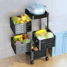 HaTur 360° Rotating Kitchen Shelf, Mobile Storage Trolley, Square Kitchen Storage Shelf with Multiple Layers, Floor-Standing Vegetable Shelf and Fruit Rack on Wheels for Kitchen (4 Levels)