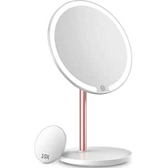 Kostlich Lighted Makeup Mirror, Rechargeable LED Table Mirror with 10x Magnification, Mini Cosmetic Mirror, 3 Dimmable Color Lights, Touch Sensor, Portable Mirror for Travel