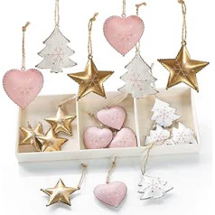 Logbuch-Verlag 18 Small Christmas Tree Pendants Metal Heart + Star + Tree Pink Gold White - Christmas Tree Decorations for Hanging