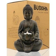 Yeomoo meditējošā Budas tējas gaismas turētājs/sveču turētājs Zen Budas figūriņas rotājums ar lotosu — iekštelpu/āra rotājums mājas, dārza, pagalma, mākslas dekorēšanai — ar LED tējas sveces sveķiem 1P