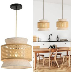 FORCOSO Rattan Pendant Light + Fabric, Vintage Pendant Light Rattan, Griestu lampa Rattan Diametrs 29 cm, Boho Pendant Light E27, Max. 60 W pusdienu galdam, viesistabai, guļamistabai, ēdamistabai, gaitenī,