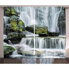 ABAKUHAUS Landscape Rustic Curtain, Waterfall with Rocks, Living Room Universal Tape Curtains with Loops and Hooks, 280 x 245 cm, Green Grey