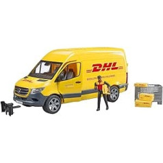 bruder 02671 MB Sprinter DHL ar draiveri, ieskaitot režģa kasti ar piegādes pakotnēm — 1:16 Piegāde un loģistika Vehicle Transporter Paku pakalpojumu furgons