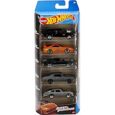 Hot Wheels Fast and Furious Box 5 modeļi Auto Dodge Charger Toyota Supra Mustang Aston Martin — Mērogs 1:64 — HND08, daudzkrāsains