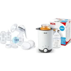 NUK Nature Sense Hand Breast Pump, Nursing Set with Hand Breast Pump, Baby Bottles & Ultra Dry Comfort Nursing Pads, 6 Pieces & Thermal 3-in-1 Baby Bottle Warmer, Gentle Defrosting