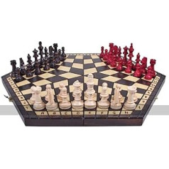 Liels 3 spēlētāju šaha komplekts — 54 cm sešstūra dēlis ar malu numuriem, brūnas, baltas un sarkanas figūriņas