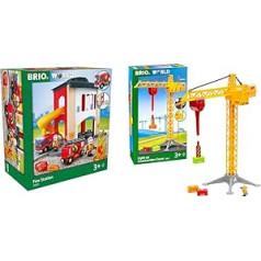 BRIO World 33833 liela ugunsdzēsēju stacija — ugunsdzēsēju depo ar ugunsdzēsības brigādes avārijas transportlīdzekli un World 33835 lielais celtniecības celtnis ar gaismu — BRIO koka vilciena piederumi — ieteicams