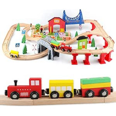 Jacootoys 80 Pieces Wooden Train Set Wooden Train Toy Combinable Toy Train for Children 3+ Years Old Girls Boys