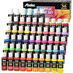 ABEIER Acrylic Paint Set, 56 Acrylic Colours in Bottles (60 ml each), High-Quality, Non-Toxic, Waterproof, Art Acrylic Paints for Beginners, Adults, Children on Canvas, Rocks, Wood, Ceramic, Fabric