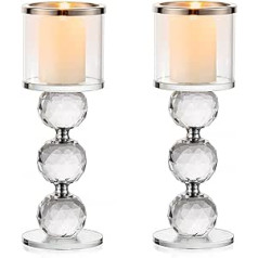 Sziqiqi Crystal Candle Holder Set, Set of 2 Candle Holders, Pillar Candles, Glass, Modern Candle Holder, Tea Light Holder for Wedding, Dining Table, Bathroom, Table Decoration, Birthday Party Decoration, Silver