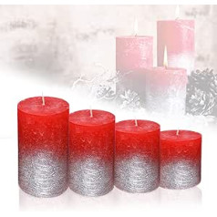 Candelo Set of 4 Rustic Candles Ambience Christmas - Advent Wreath Rustic - Colour Red Metallic Silver - 8/10/12/14 cm - Pillar Candle Christmas Candle