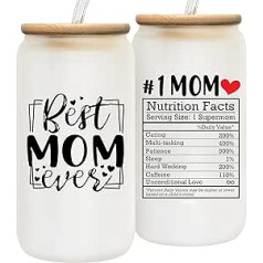 Heulinwen Tasse mit Aufschrift Best Mom Ever – Geschenke für Mutter von Tochter, Sohn – Mama, Glas-Kaffeetasse mit Deckel und Strohhalm – Mama-Nährwertfakten Tasse Glas 473 ml – Mutter Geburtstag