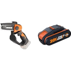 WORX WG324E.9 bezvadu, vienas rokas atzarošanas zāģis 20 V — 12 cm asmens garums — bez akumulatora un lādētāja un WA3551.1 PowerShare akumulators 20 V — 2000 mAh litija jonu, uzlādējams, akumulators visiem WORX