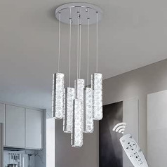 6-Light Modern Crystal Pendant Light with Remote Control, 3-Colour Dimmable Glass LED Pendant Light, Height Adjustable Chandelier for Kitchen Island, Dining Room, Living Room, Bedroom