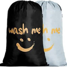 IHOMAGIC 2 Pack veļas maisiņi ar aukliņu Travel Dirty Laundry Wash Me Laundry Hamper RIP-Stop veļas maisiņš ceļojumu dzīvokļiem vai mājām Golden Smile veļas konteiners 66 x 96 cm, melns/sudrabs