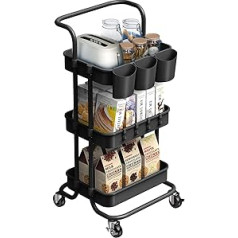 alvorog Kitchen Trolley, Multi-Purpose Trolley, Serving Trolley, Rolling Shelf, for the Kitchen, Bathroom, Office, with Wheels, 3 Shelves, Black