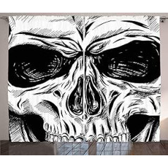 ABAKUHAUS Skull Rustic Curtain Gothic Sketch Bad Face Guļamistabas volānveida lentes aizkars ar izciļņiem un āķiem, 280 x 175 cm, balts melns