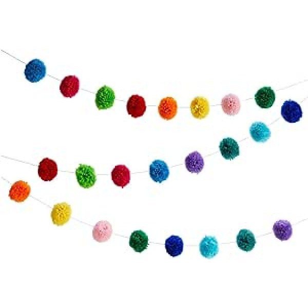 Wool Pom Pom Garland for Decorations, 3 m, Multi-Colour, 24 Skeins