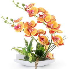 RERXN dekoratīvie mākslīgie orhideju bonsai mākslīgie ziedi ar porcelāna ziedu imitāciju Phalaenopsis ziedu kompozīcijas mājas dekorēšanai (oranži)