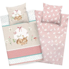 Aminata Kids Bed Linen 135 x 200 cm Cotton Children's Girls Deer Fawn Forest Animals Animal Motif Soft Pink Rose YKK Zip