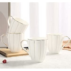 DUJUST Coffee Mugs Set of 4 (400ml) Luxurious British Style with Handmade Golden Embellishments, Premium Bone China Mug Set in White and Gold for Coffee & Tea, Beautiful & Graceful