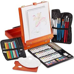 Relaxdays Painting Case, 74 Piece Painting Set, Folding Table Easel, Paint Set Acrylic, Oil, Wooden Artist Case, Orange