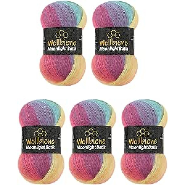 Wollbiene Moonlight Batik, 5 x 100 g adīšanas vilna, 500 g vilna adīšanai un tamborēšanai, 20% vilna, turku vilna, krāsu gradienta vilna, adīšanas vilna (3000 varavīksnes pasteļa)