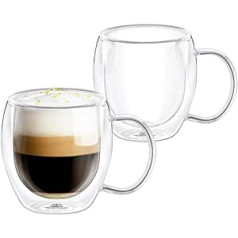 Wilmax dubultsienu termiskās glāzes ar rokturi, 2 400 ml dzeramo glāžu komplekts. Termiskās glāzes Tējas glāze Latte Macchiato glāžu komplekts Kafijas glāzes Kapučīno glāzes ar rokturi