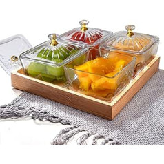alouweekuky Snack Bowl with Wooden Trays, 4 Glass Serving Bowls Set, Dip Bowls with Lid, Cerezlik Tapas Bowls Can Be Used for Preparing Antipasti, Jam Bowls