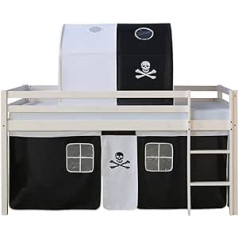 Homestyle4u 1558 Children's Cabin Bed with Ladder, Tunnel, Pirate Curtain, Black, White, Solid Pine Wood, White, 90 x 200 cm