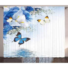 ABAKUHAUS Butterflies Rustic Curtain, Exotic Flowers Pond, Bedroom Ruffle Tape Curtain with Loops and Hooks, 280 x 225 cm, Blue Yellow