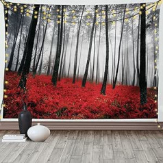 ABAKUHAUS Forest Tapestry and Bedspread, Mystical Foggy Woodland Soft Microfibre Fabric, Washable without Fading Digital Print, 230 x 140 cm, Pale Grey, Black and Red