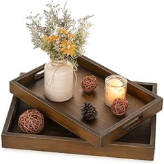 Hanobe Decorative Tray Wooden Tray Serving Tray: Decorative Plate Wood Rectangular Brown Trays Set of 2 Vintage Wooden Plates with Handle Serving Trays for Candles Coffee Table Kitchen Decoration